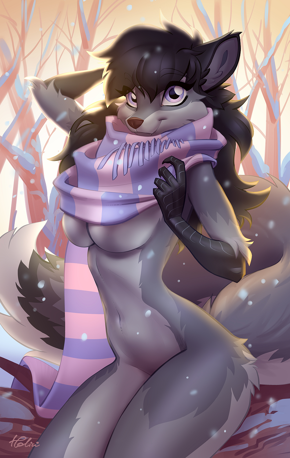 anthro big_tail breasts canid canine canis female fur glistening glistening_eyes greyfur hand_behind_head hi_res holivi mammal mostly_nude plant scarf sitting snow snowing solo tree wolf