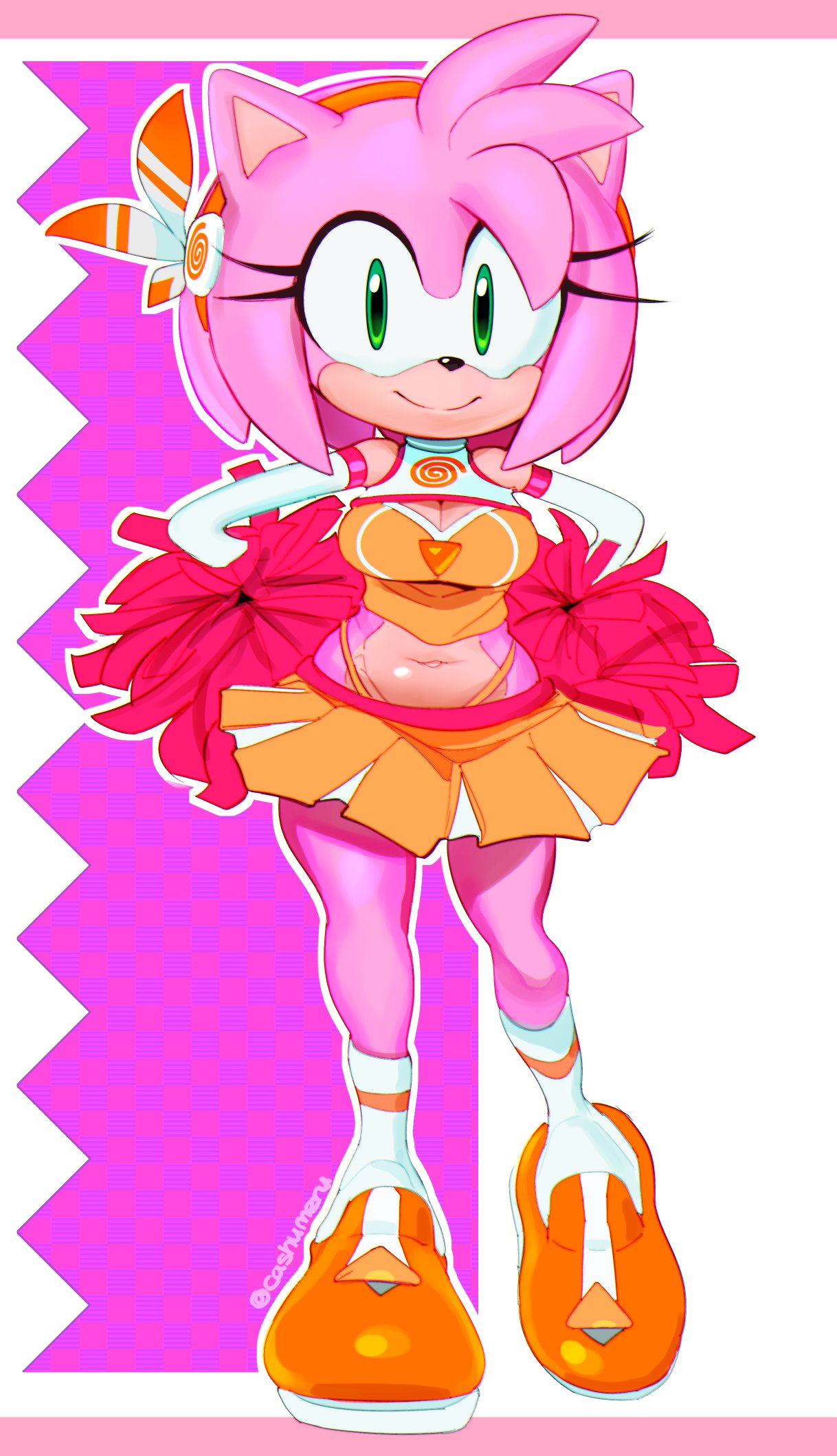 amy_rose anthro breasts cashumeru cheerleader cleavage clothed clothing dreamcast_logo eulipotyphlan female green_eyes hedgehog hi_res looking_at_viewer mammal navel sega solo sonic_the_hedgehog_(series)