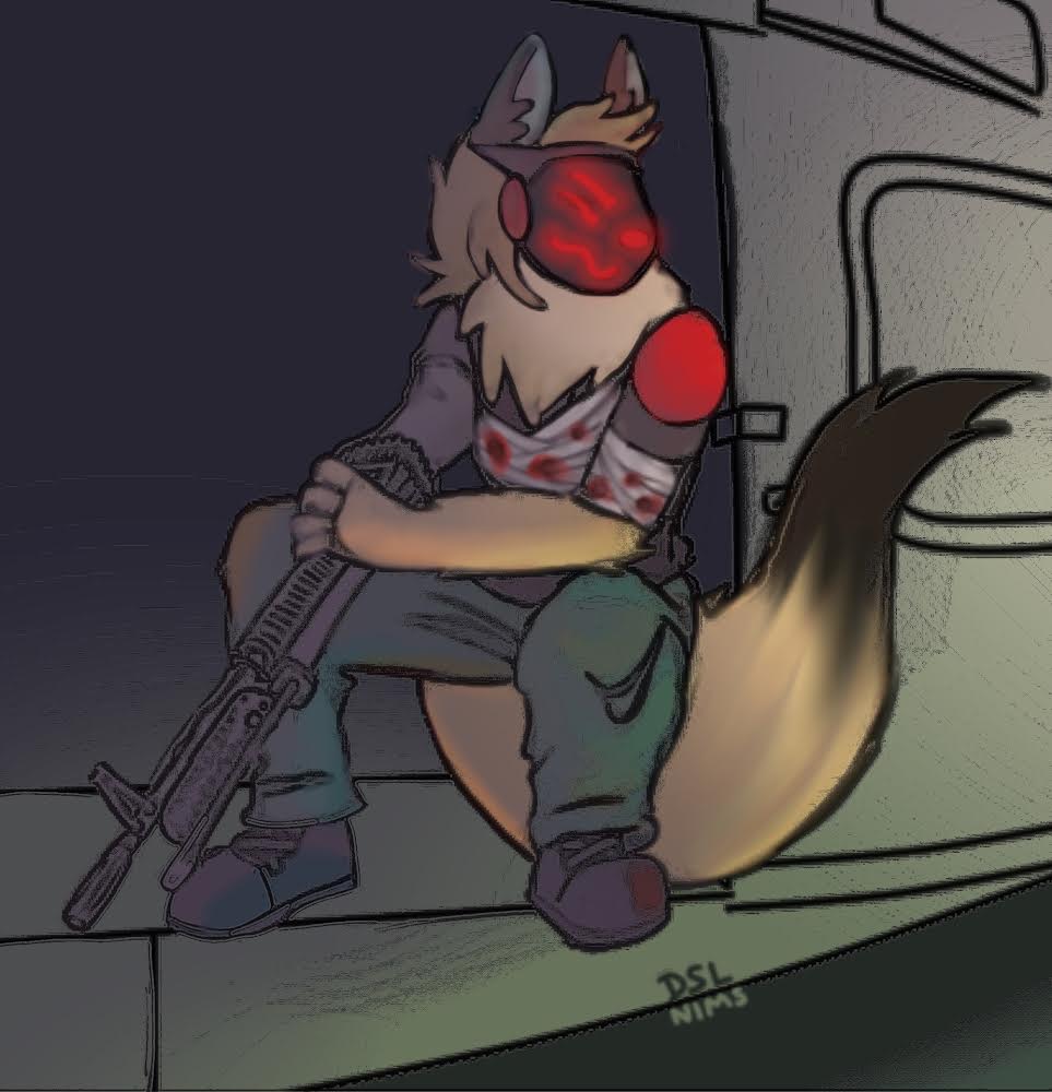 anthro bandage blood bodily_fluids door_gunner gun hyaenid johmn machine machine_gun male mammal nims_complex protogen ranged_weapon solo spotted_hyena uh-1 weapon