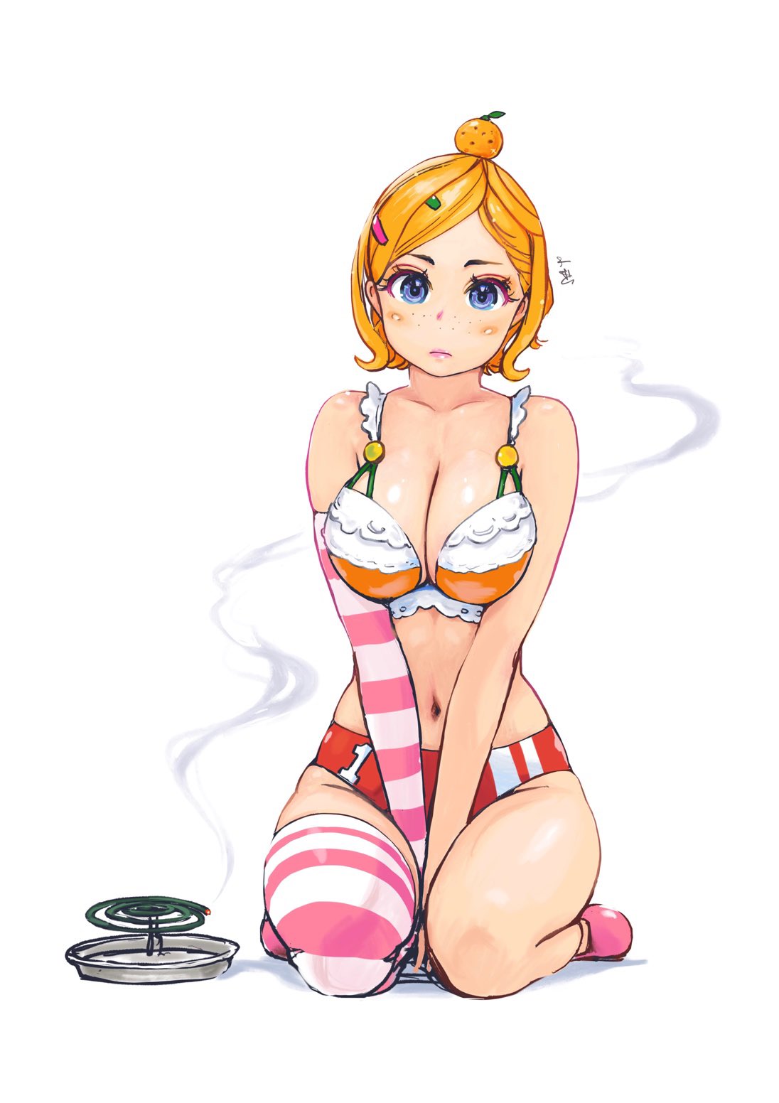 1girl arms_between_legs blonde_hair blue_eyes blush bra breasts buruma carina_(xiaowoo) cleavage collarbone commentary_request elbow_gloves food food_on_head freckles frown fruit fruit_on_head gloves hair_ornament hairclip highres incense large_breasts lips looking_at_viewer mandarin_orange mosquito_coil navel object_on_head orange_bra original pink_footwear pink_gloves pink_legwear red_buruma short_hair simple_background single_glove single_thighhigh sitting solo stomach striped striped_buruma striped_gloves striped_legwear thighhighs thighs two-tone_bra two-tone_gloves two-tone_legwear underwear v_arms wariza white_background white_bra white_gloves white_legwear white_stripes
