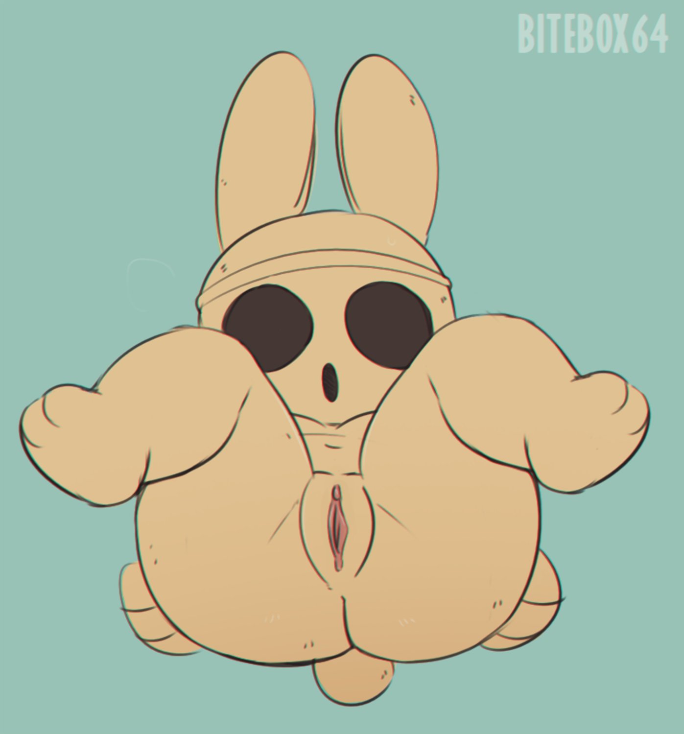 2022 animal_crossing anthro bitebox64 brown_body butt coco_(animal_crossing) empty_eyes female front_view genitals gyroid hi_res hollow_eyes lagomorph legs_up leporid mammal nintendo nude presenting presenting_pussy pussy rabbit solo spread_legs spreading video_games