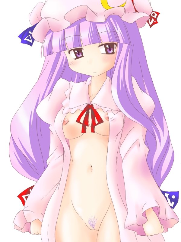 breasts colored_pubic_hair dotekabocha hat long_hair no_panties open_clothes open_shirt patchouli_knowledge pubic_hair purple_hair ribbon shirt small_breasts solo touhou