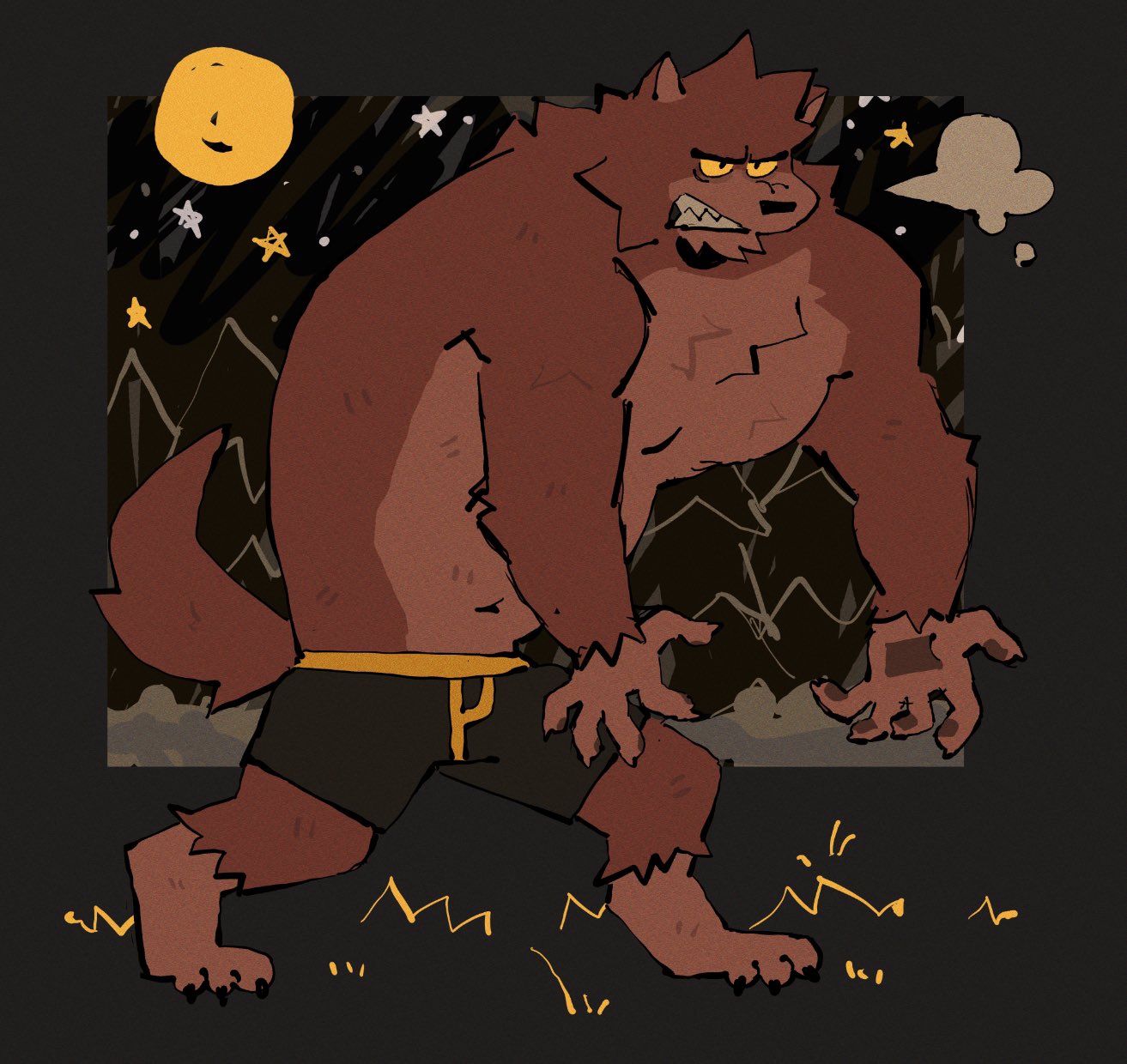 angry anthro boxers_(clothing) canid canine canis clothing full_moon fur hi_res male mammal moon night red_body red_fur soildweller solo underwear were werecanid werecanine werewolf wolf yellow_eyes