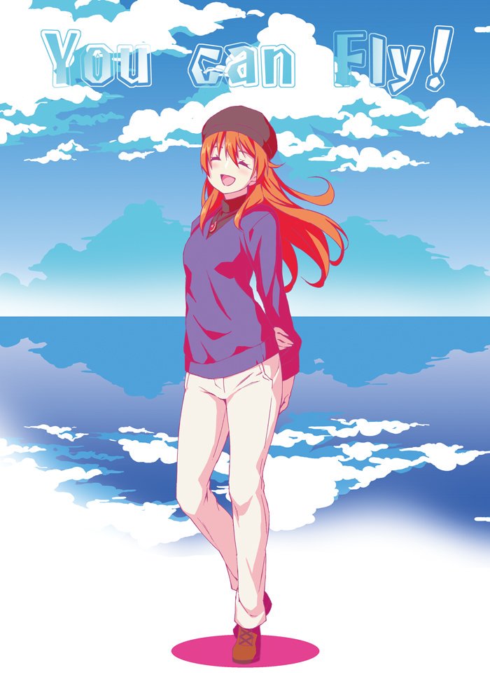 1girl bangs beret blue_sky closed_eyes cloud cloudy_sky commentary_request english_text female_singer_(love_live!) full_body hat jewelry katoryu_gotoku long_hair love_live! love_live!_school_idol_project love_live!_the_school_idol_movie necklace ocean orange_hair pants sidelocks sky smile solo standing white_pants