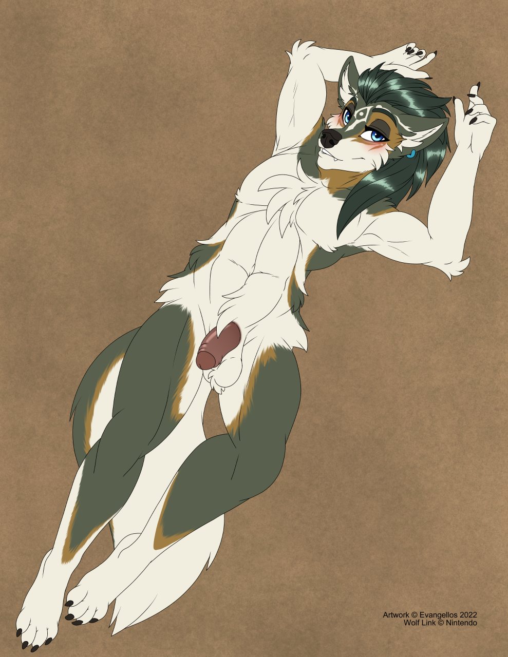 2022 4_toes 5_fingers anthro anthrofied balls black_nose blue_eyes blush brown_hair canid canine canis chest_tuft claws digital_media_(artwork) ear_piercing ear_ring elbow_tufts evangellos_(artist) fangs feet finger_claws fingers fluffy foreskin fur genitals green_body green_fur hair hands_above_head hi_res hindpaw hip_tuft humanoid_hands link_(wolf_form) looking_at_viewer lying male mammal multicolored_body multicolored_fur navel nintendo nude on_back paws penis piercing smile solo the_legend_of_zelda toe_claws toes tuft two_tone_body two_tone_fur video_games white_body white_fur wolf