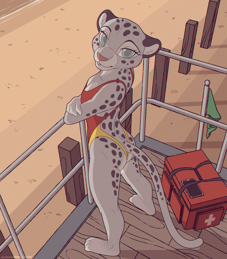 2022 4_toes anthro autumndeer beach blue_eyes breasts butt cleavage clothed clothing digital_media_(artwork) feet felid female grey_body lifeguard lifeguard_tower looking_at_viewer looking_back looking_back_at_viewer mammal one-piece_swimsuit open-back_swimsuit outside pantherine paws seaside shaded small_breasts snow_leopard solo spots spotted_body swimwear thick_thighs toes tongue tongue_out wide_hips