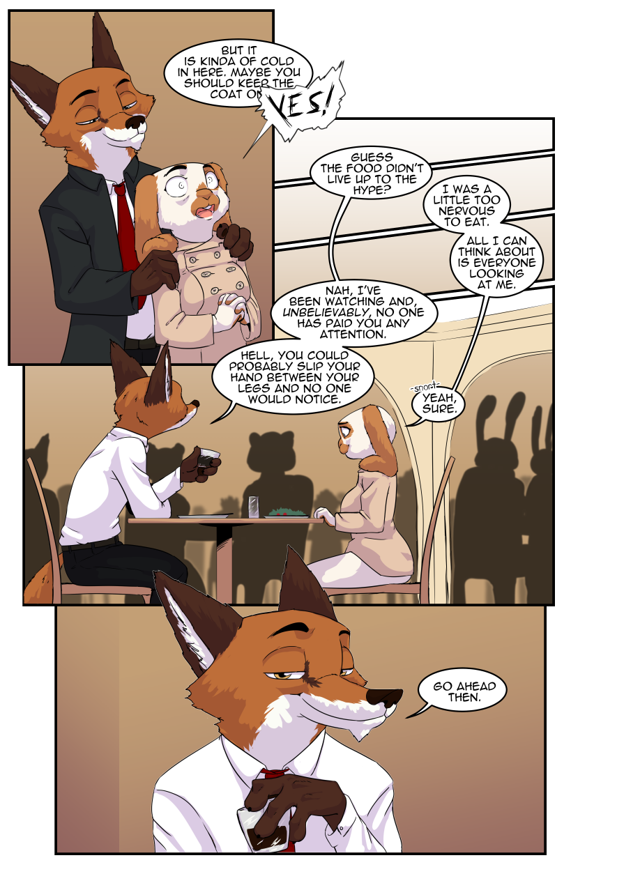 2022 4_fingers akiric anthro beverage big_breasts black_nose breasts brown_body brown_fur canid canine clothed clothing coat comic danielle_o'hare_(akiric) dialogue duo_focus english_text female fingers fox fur gloves_(marking) group hi_res humanoid_hands interspecies john_burroughs_(akiric) lagomorph leporid looking_at_another male male/female mammal markings multicolored_body multicolored_fur nervous orange_body orange_fur predator/prey public rabbit red_fox restaurant silhouette sitting smile speech_bubble standing suit text topwear trenchcoat tuft two_tone_body two_tone_fur white_body white_fur wide_eyed