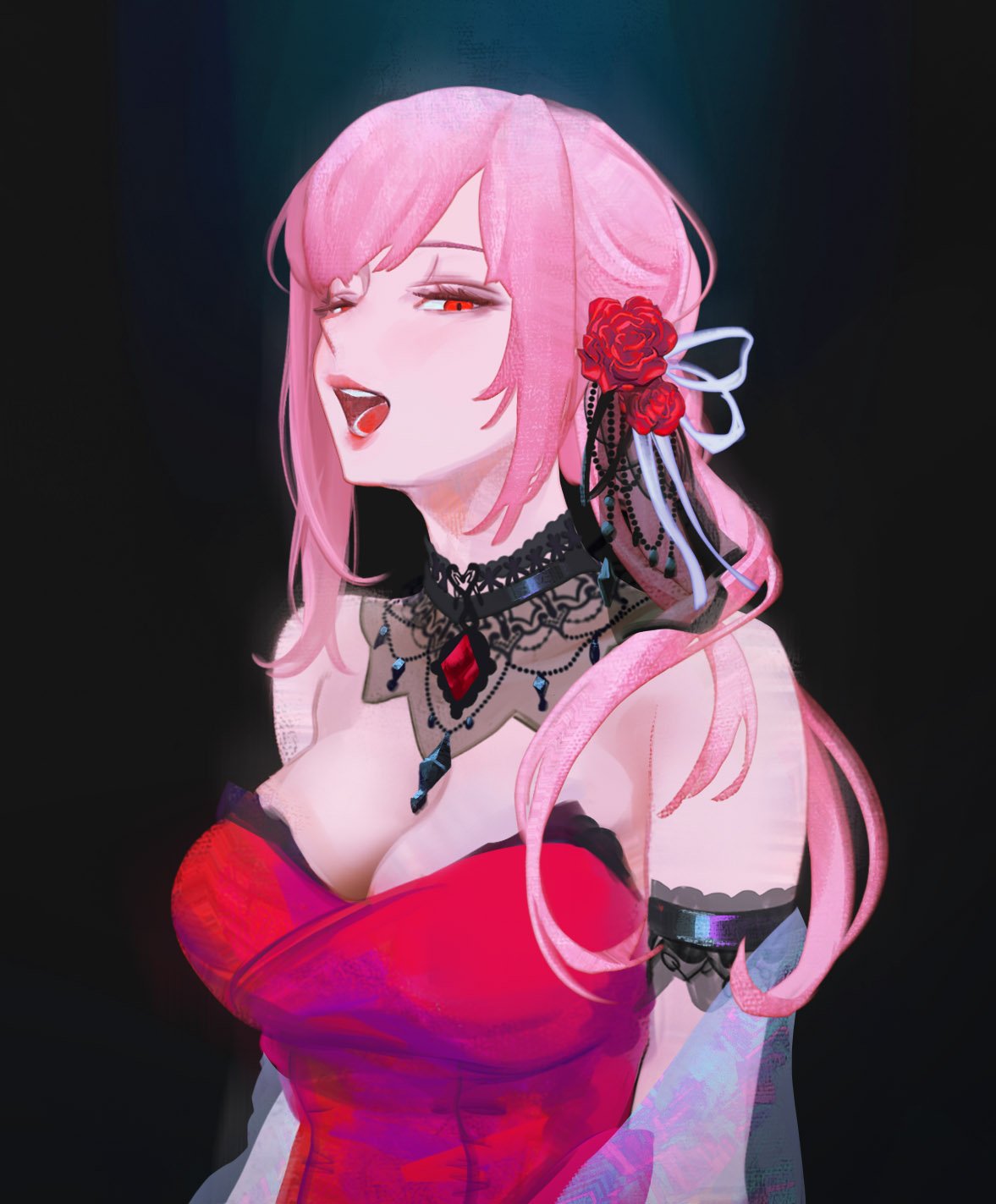 1girl artofkuzu bare_shoulders black_background breasts cleavage detached_collar dress flower gem hair_flower hair_ornament highres hololive hololive_english large_breasts long_hair looking_at_viewer low_ponytail mori_calliope open_mouth pink_hair red_dress red_eyes red_flower red_lips red_rose rose strapless strapless_dress