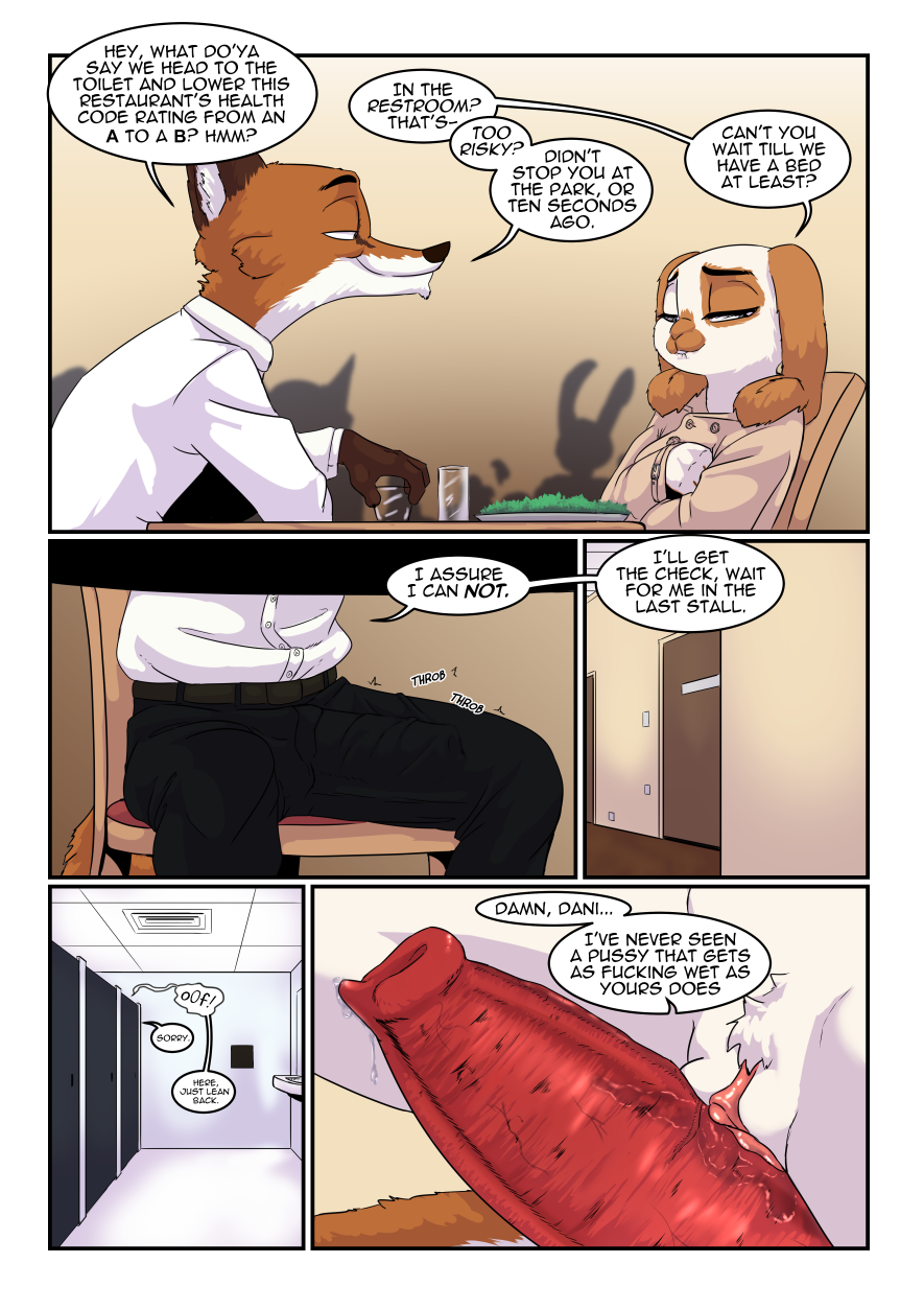2022 4_fingers akiric anthro anthro_on_anthro bathroom beverage black_nose bodily_fluids brown_body brown_fur bulge canid canine clothed clothing coat comic danielle_o'hare_(akiric) dialogue duo_focus english_text erection erection_under_clothing female fingers fox fur genital_fluids genital_outline genitals gloves_(marking) group hi_res humanoid_hands interspecies john_burroughs_(akiric) lagomorph leporid looking_at_another looking_away male male/female mammal markings multicolored_body multicolored_fur orange_body orange_fur penis penis_outline predator/prey public public_restroom public_sex pussy pussy_juice pussy_juice_on_penis rabbit red_fox restaurant semi_public sex silhouette sitting smile speech_bubble suit text topwear trenchcoat tuft two_tone_body two_tone_fur white_body white_fur