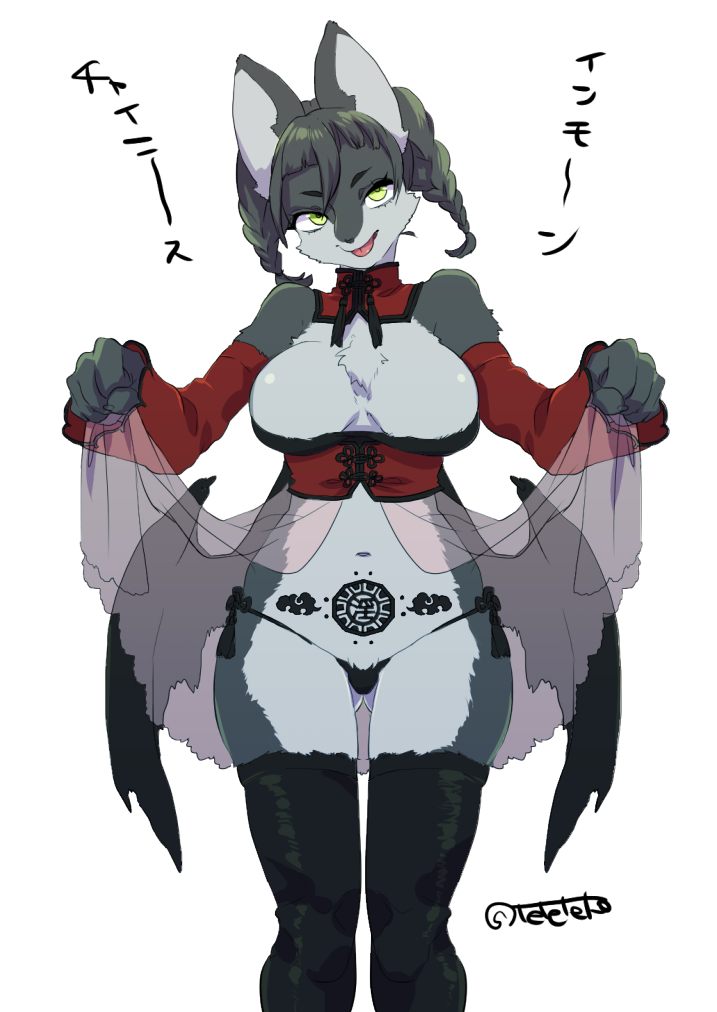 2018 5_fingers anthro armwear bare_shoulders biped black_body black_clothing black_ears black_eyebrows black_fur black_hair black_legwear black_nose black_panties black_thigh_highs black_underwear black_wings braided_hair braided_pigtails breasts butt_from_the_front canid canine chest_tuft cleavage clothed clothing clothing_lift countershade_face countershade_legs countershade_torso countershading detached_sleeves digital_media_(artwork) eyebrows female fingers fur green_eyes green_pupils grey_body grey_countershading grey_fur grey_inner_ear hair japanese_text kemono legwear long_sleeves mammal medium_breasts medium_hair monotone_body monotone_clothing monotone_ears monotone_eyebrows monotone_eyes monotone_fur monotone_hair monotone_inner_ear monotone_legwear monotone_nose monotone_panties monotone_thigh_highs monotone_tongue monotone_underwear multicolored_body multicolored_fur navel panties pink_tongue pubic_tattoo pupils simple_background smile solo standing tattoo teteteko text thigh_highs tongue translucent translucent_clothing tuft two_tone_body two_tone_fur underwear white_background wings