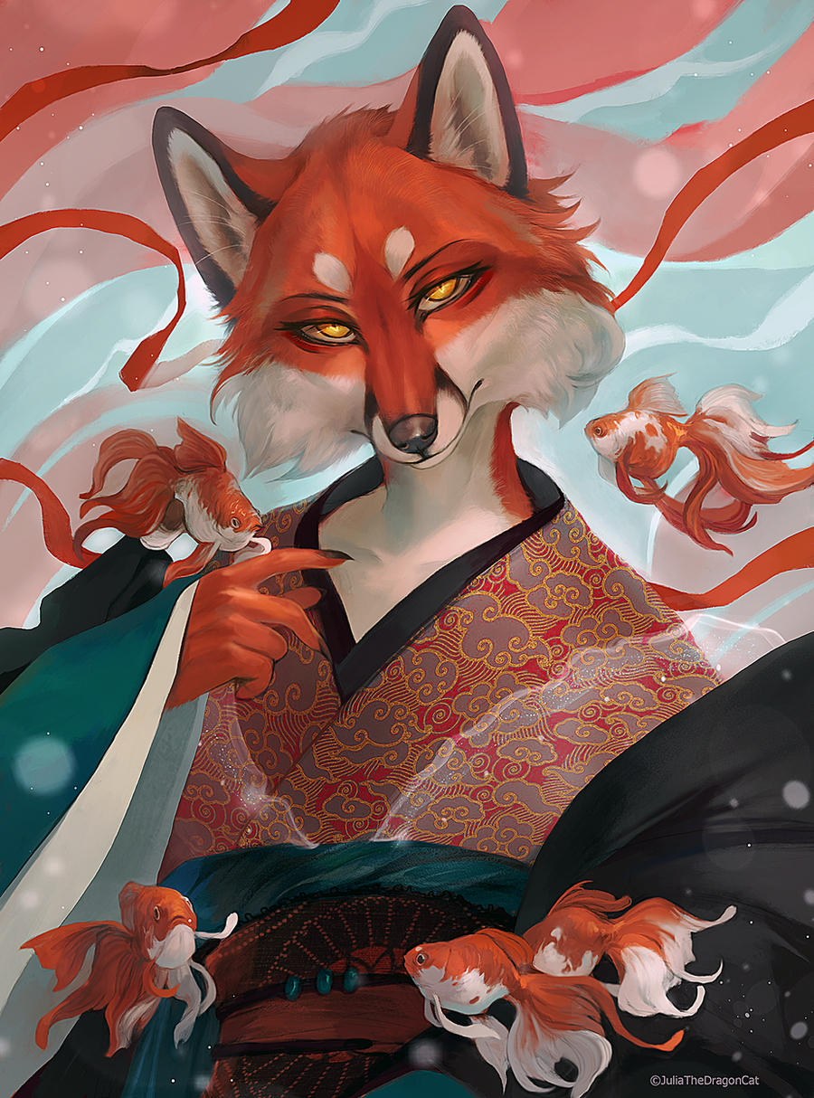 2022 5_fingers abstract_background amur_carp anthro artist_name asian_clothing black_nose canid canine carp cheek_tuft clothed clothing cyprinid cypriniform dress east_asian_clothing eyelashes facial_tuft female fingers fish fox fully_clothed fur hi_res japanese_clothing juliathedragoncat kimono koi looking_at_viewer mammal marine multicolored_body multicolored_fur red_body red_fur solo tuft two_tone_body two_tone_fur typical_carp white_body white_fur yellow_eyes