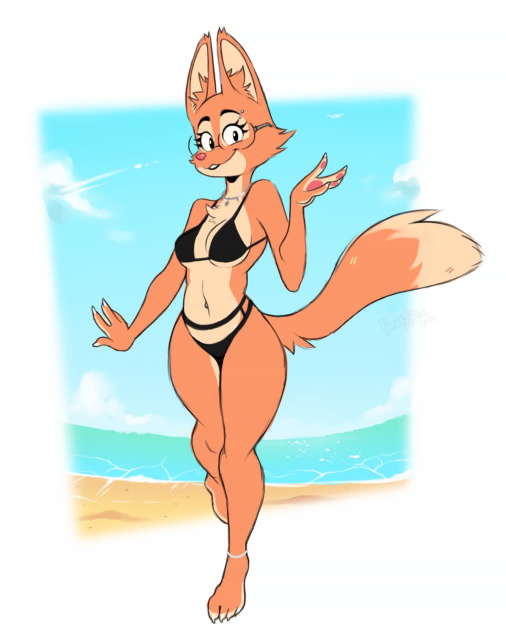 anklet anthro beach bikini bitbiteroo breasts canid canine clothing diane_foxington dreamworks eyebrow_piercing eyewear facial_piercing female fox glasses hi_res jewelry mammal necklace piercing seaside smile solo swimwear the_bad_guys thick_thighs