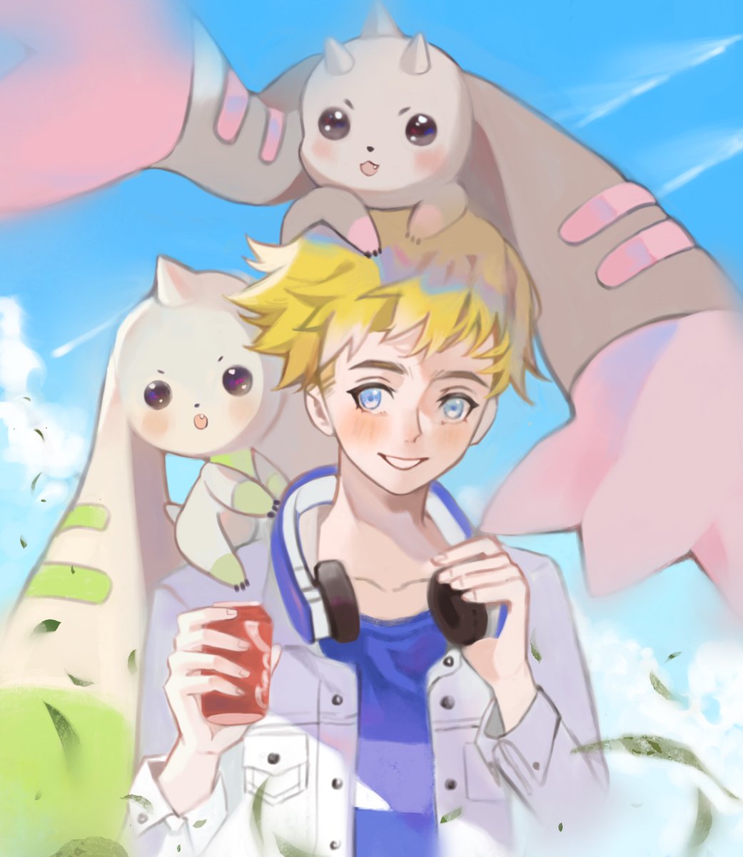 anthro bandai_namco beady_eyes beverage blonde_hair blue_eyes blush child digimon digimon_(species) group hair headphones headphones_around_neck hi_res human long_ears lopmon male mammal soda terriermon timeseasoned trio willis_(digimon) young