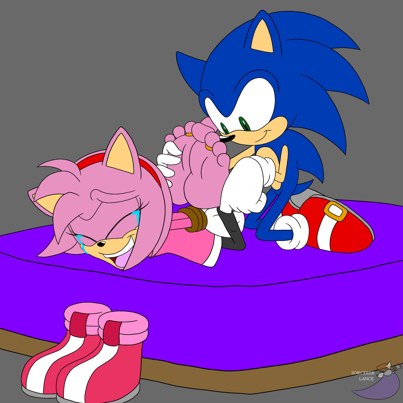 amy_rose barefoot bdsm bondage bound duo eulipotyphlan feet female hedgehog hi_res laugh male mammal sega soles sonic_the_hedgehog sonic_the_hedgehog_(series) sorcererlance tickling toes