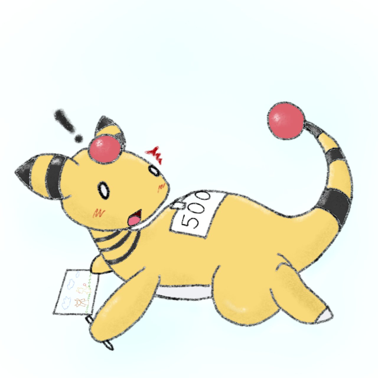 0o0 2021 :o ampharos anthro blush blush_lines drawing flat_colors hi_res male milestone nintendo open_mouth pok&eacute;mon pok&eacute;mon_(species) saeko_art sign_on_back simple_background solo surprise video_games white_background yellow_body