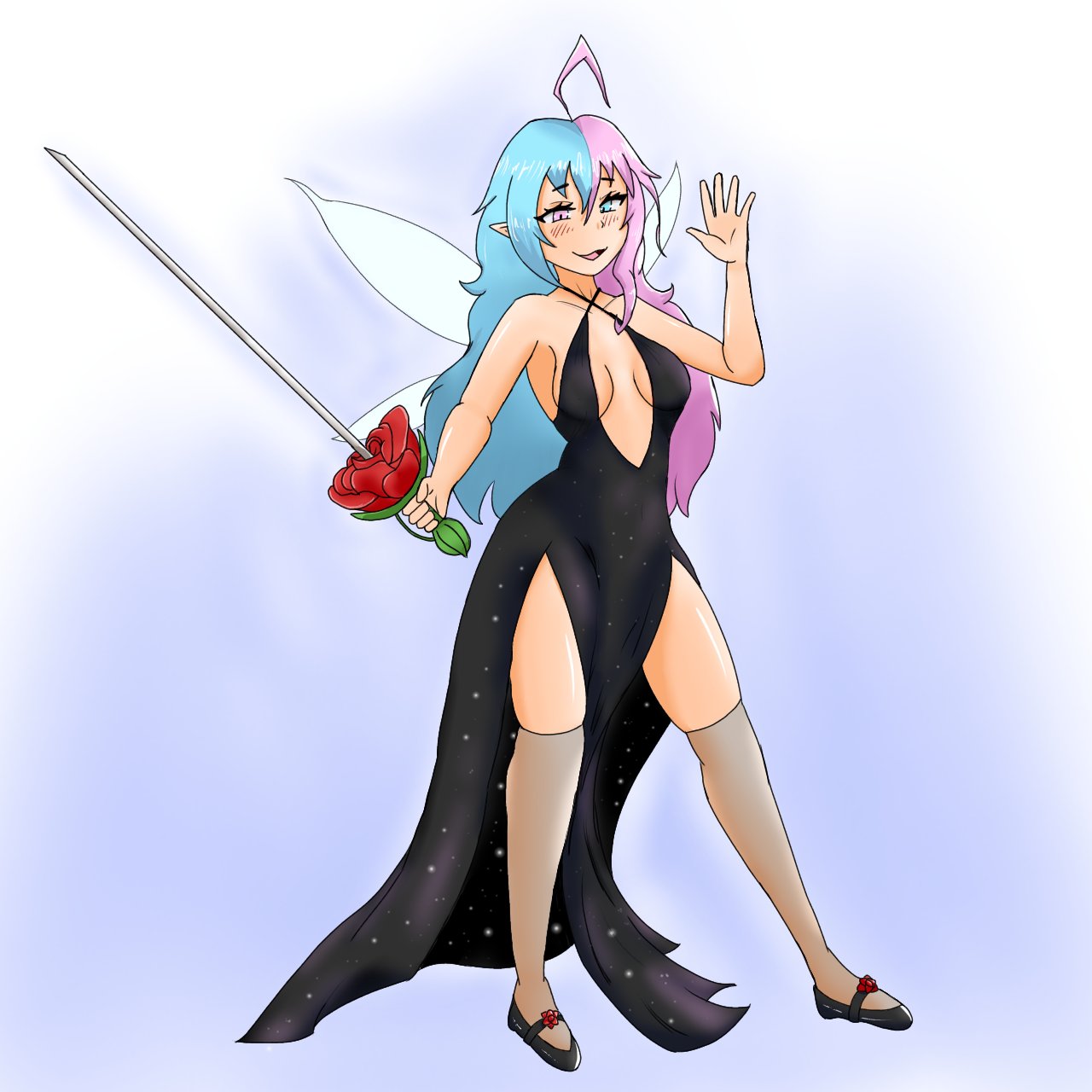 2022 ahoge blue_eyes blue_hair blush blush_lines breasts clothing elegant elegant_dress fairy female flower hair heterochromia hi_res holding_object holding_weapon humanoid insect_wings legwear long_hair looking_at_viewer melee_weapon multicolored_hair not_furry pink_eyes pink_hair plant rapier rose_(flower) saeko_art small_breasts solo sword thigh_highs two_tone_hair waving_at_viewer weapon winged_humanoid wings