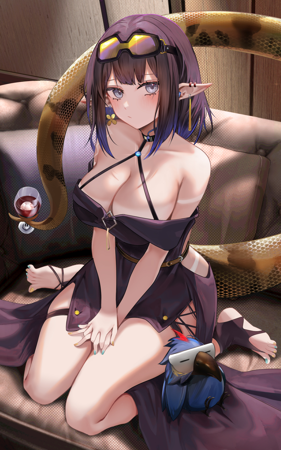 1girl alcohol alternate_costume aqua_nails arknights bird black_dress black_footwear black_hair blue_eyes blue_hair blush breasts cleavage closed_mouth collarbone couch cup dress drinking_glass ear_piercing eunectes_(arknights) full_body goggles goggles_on_head gradient_hair halter_dress halterneck high_priest_(arknights) highres holding holding_with_tail large_breasts looking_at_viewer multicolored_hair nail_polish on_couch own_hands_together piercing pillow pointy_ears prehensile_tail revision ru_zhai scales short_hair sitting snake_tail solo tail tan tanlines toenail_polish toenails wariza wine wine_glass yellow_nails