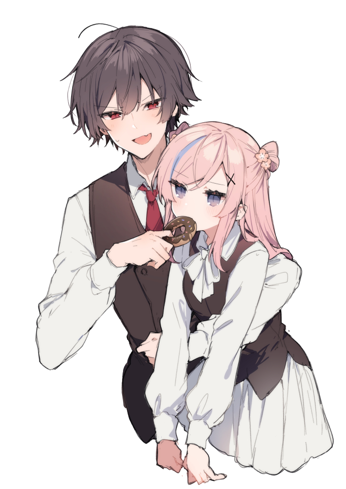 1boy 1girl ahoge bangs belt black_pants black_vest blue_eyes blue_hair blush bow bowtie breasts brown_hair collared_shirt commentary_request dangling double_bun doughnut eyebrows_visible_through_hair fang feeding flower food frown hair_between_eyes hair_flower hair_ornament hair_over_shoulder hairclip half_updo holding_person hug ikeuchi_tanuma leaning_forward long_sleeves medium_hair multicolored_hair necktie nibbling open_mouth original pants pink_hair pleated_skirt red_eyes red_necktie rije_(ikeuchi_tanuma) shirt simple_background skirt small_breasts unamused vest white_background white_bow white_bowtie white_shirt white_skirt