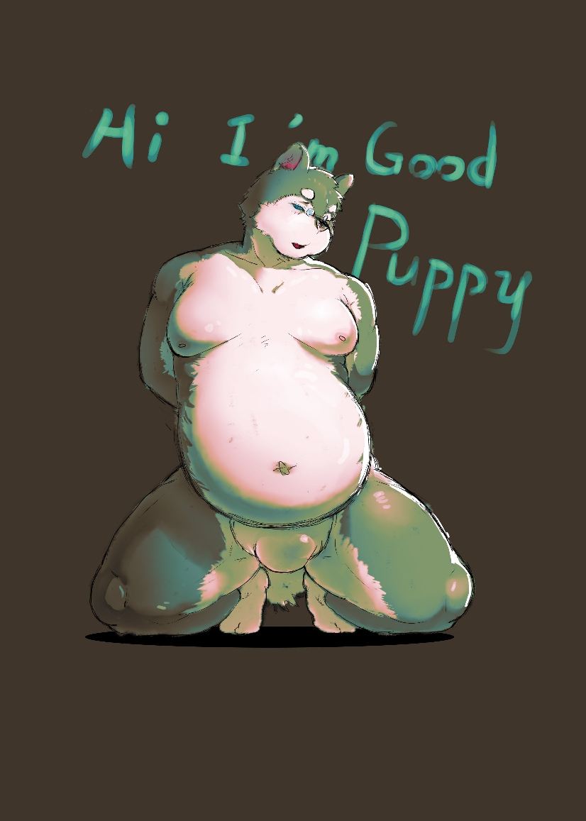 2021 anthro belly big_belly black_nose bulge canid canine canis clothed clothing domestic_dog english_text eyewear glasses good_boy green_body kemono kneeling male mammal moobs nipples overweight overweight_male pixiv_id_4528489 text underwear underwear_only