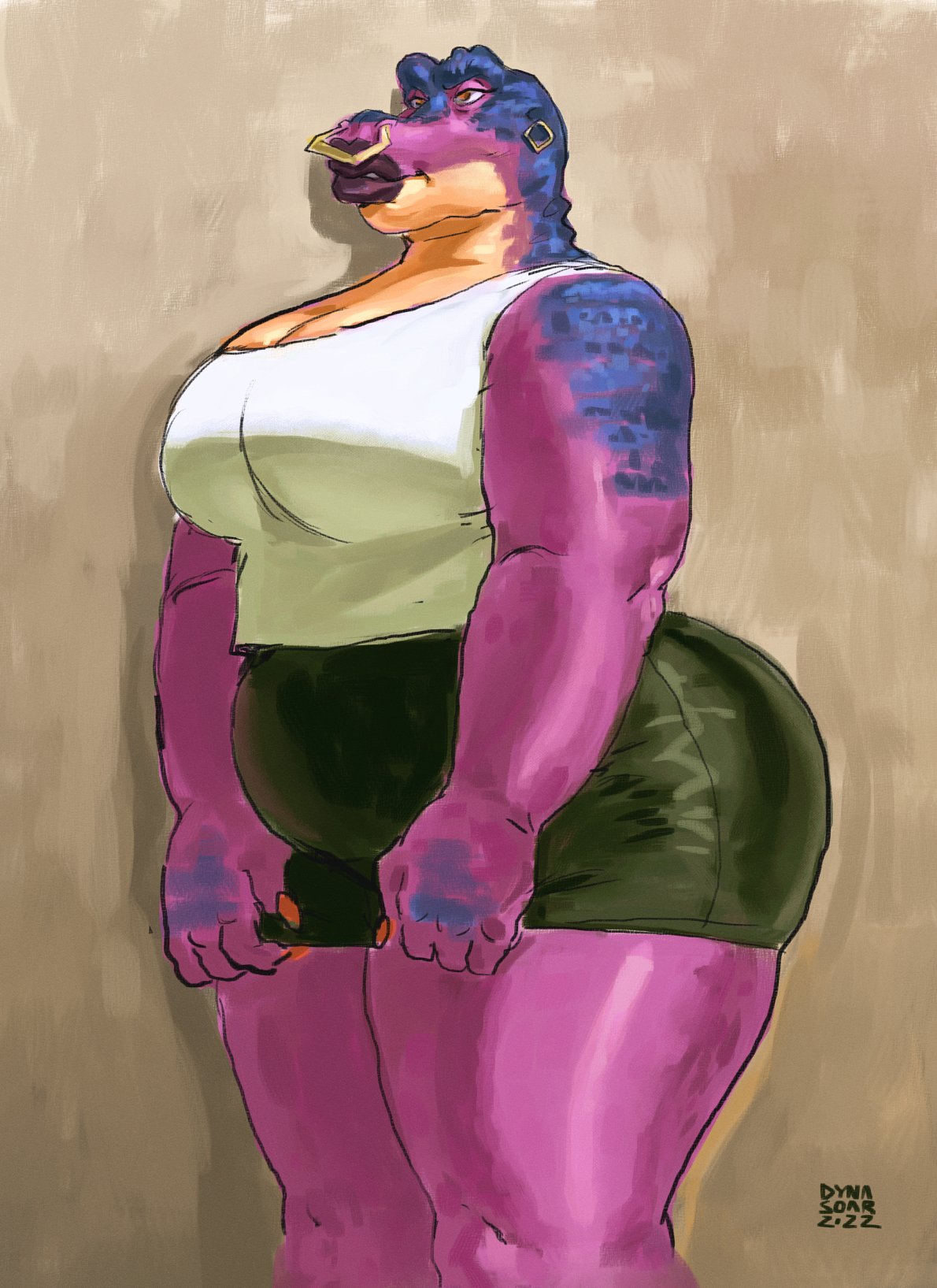 2022 anthro big_breasts big_butt black_bottomwear black_clothing black_shorts blue_markings bottomwear breasts butt cleavage clothed clothing dinosaur drawing dyna_soar ear_piercing ear_ring facial_piercing female hi_res lips lipstick magenta_body makeup markings nails nose_piercing nose_ring orange_eyes overweight painting piercing portrait purple_lipstick reptile saurian_(disambiguation) scalie shirt shorts signature simple_background sketch sleeveless_shirt solo sorbei tank_top thick_lips thick_thighs three-quarter_portrait topwear voluptuous_female white_clothing white_topwear