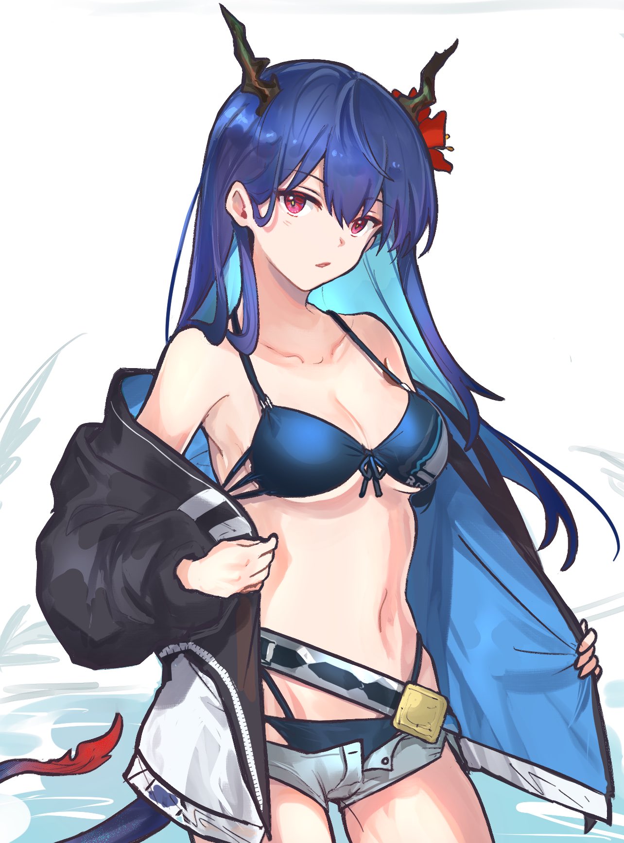 1girl arknights bangs bare_shoulders belt bikini black_jacket blue_bikini blue_hair breasts ch'en_(arknights) ch'en_the_holungday_(arknights) cleavage collarbone commentary_request cowboy_shot dragon_horns dragon_tail flower grey_shorts hair_between_eyes hair_flower hair_ornament highleg highleg_bikini highres horns jacket long_hair long_sleeves looking_at_viewer mabing medium_breasts micro_shorts navel off_shoulder open_clothes open_jacket parted_lips red_eyes red_flower shorts solo standing stomach swimsuit tail white_background
