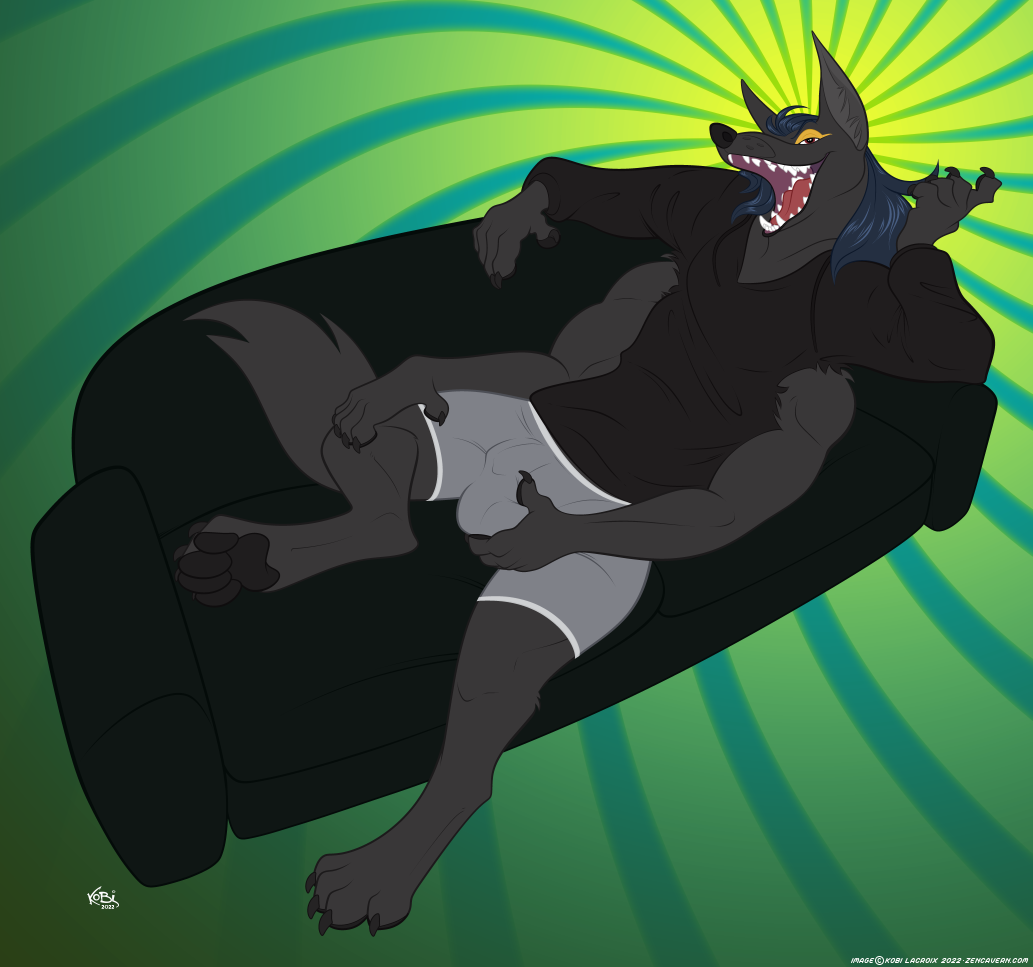 anthro bulge canid canine canis clothing digitigrade furniture hand_on_bulge jackal kobi_lacroix male mammal multi_arm multi_limb pawpads reclining shirt sofa solo topwear torn_clothing