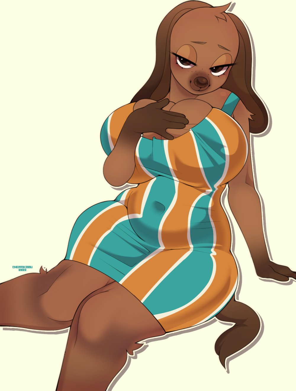 2022 5_fingers animal_crossing anthro artist_name bea_(animal_crossing) bedroom_eyes belly big_breasts black_nose breasts brown_body brown_fur canid canine canis cherrikissu cleavage clothed clothing curvy_figure domestic_dog dress eyebrows female fingers floppy_ears freckles fur half-closed_eyes hand_on_breast hi_res huge_breasts looking_at_viewer mammal narrowed_eyes nintendo seductive simple_background sitting slightly_chubby smile solo tan_background thick_thighs tight_clothing video_games voluptuous wide_hips