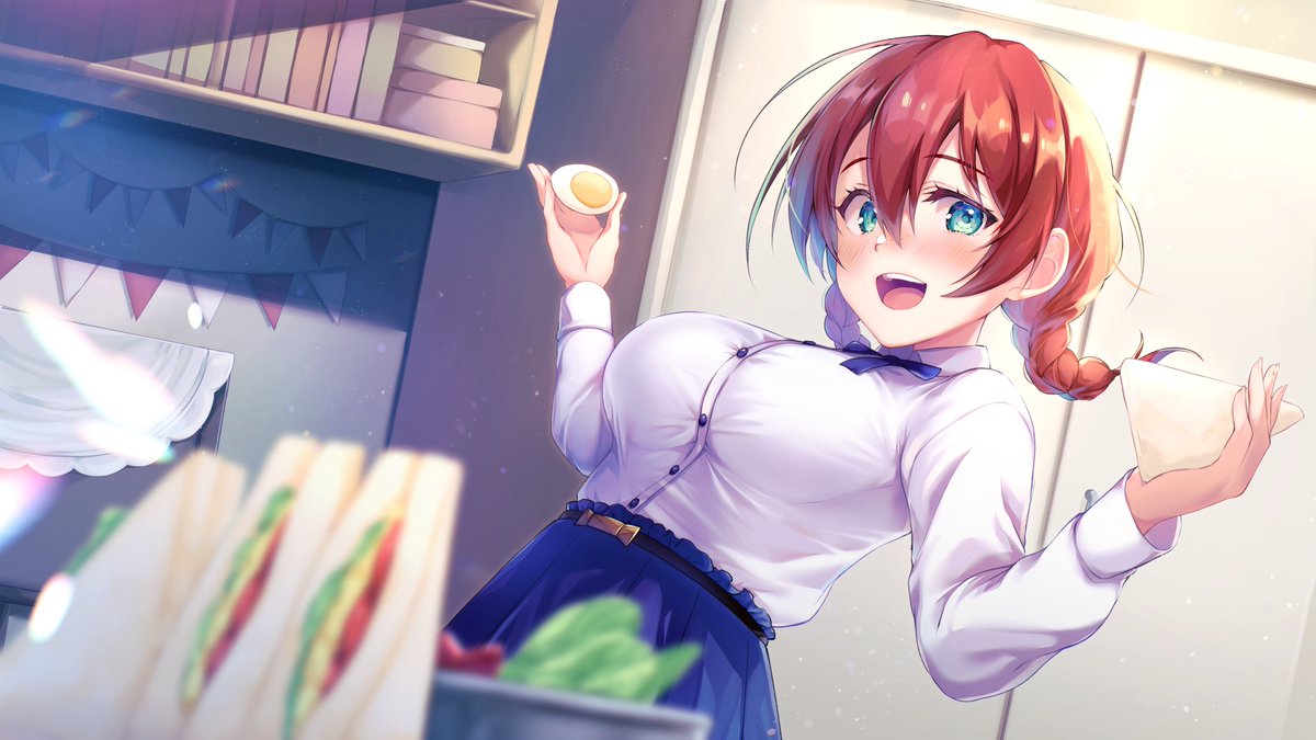 1girl :d bangs belt blue_skirt blurry blurry_foreground blush braid breasts bunting buttons collared_shirt commentary egg egg_(food) emma_verde eyebrows_visible_through_hair food freckles green_eyes hair_between_eyes happy holding holding_egg holding_food holding_sandwich indoors kaniya_shiku large_breasts long_hair long_sleeves looking_at_viewer looking_to_the_side love_live! love_live!_nijigasaki_high_school_idol_club low_twin_braids red_hair sandwich shelf shirt shirt_tucked_in skirt smile solo teeth tongue twin_braids upper_body upper_teeth white_shirt