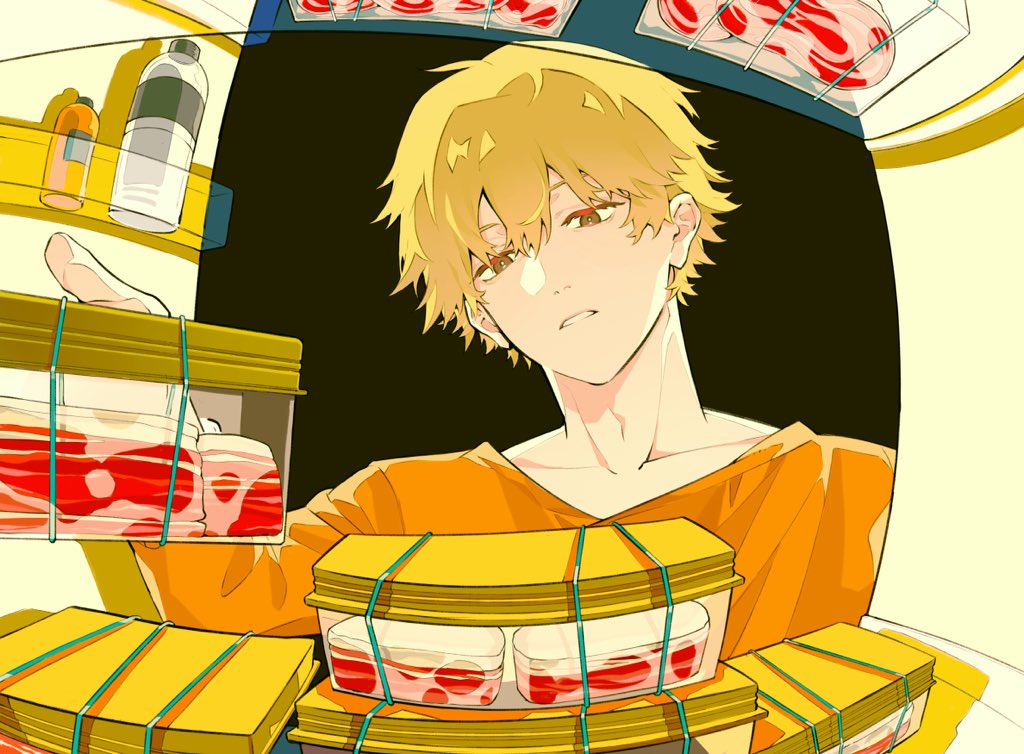 1boy bangs blonde_hair bottle chainsaw_man denji_(chainsaw_man) food hair_between_eyes holding long_sleeves looking_at_object meat orange_sweater refrigerator rubber_band short_hair solo sweater teeth tupperware tuzaixia xia yellow_eyes