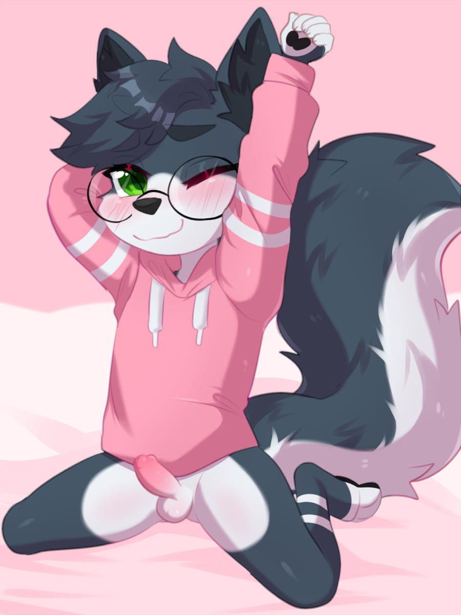 anthro balls blush canid canine claralaine clothed clothing eyewear genitals glasses hi_res looking_at_viewer male mammal no_underwear one_eye_closed penis solo young