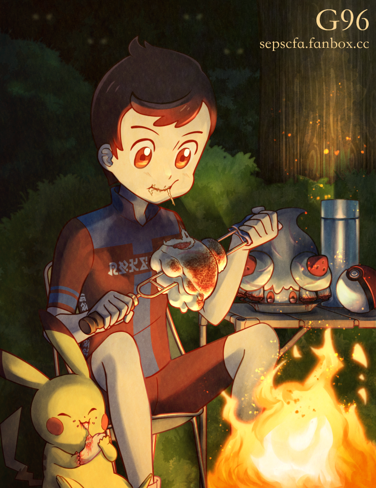 alcremie ambiguous_gender campfire cheek_bulge chewing decapitation detailed digital_drawing_(artwork) digital_media_(artwork) eating eyes_closed fairy female feral food food_creature forest forest_background goo_creature gore group human humanoid looking_at_food looking_at_object looking_at_viewer male mammal nature nature_background night nintendo pikachu plant pok&eacute;ball pok&eacute;mon pok&eacute;mon_(species) rodent sepscfa severed_head sitting text tree trio url victor_(pok&eacute;mon) video_games
