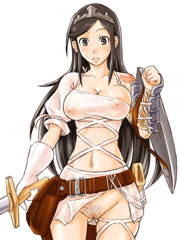 aisha_(ash) archaic_sealed_heat areola_slip areolae armor ash_(game) belt black_eyes black_hair blush breasts covered_nipples crown gloves hat large_breasts long_hair midriff navel no_bra no_panties pubic_hair pussy sato_iori see-through shield solo sweat sword tattoo uncensored weapon wind wind_lift