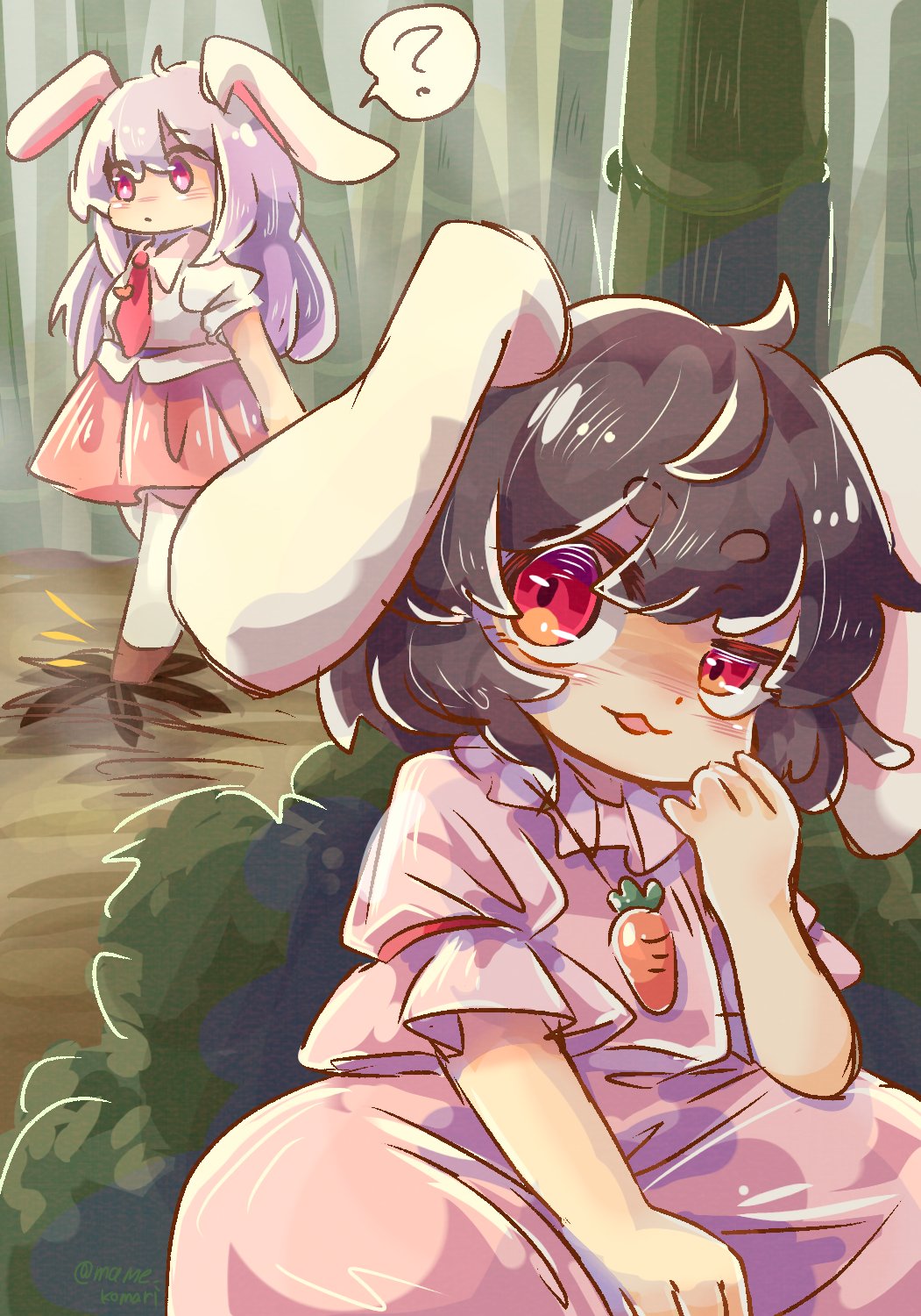 2girls :3 ? animal_ears black_hair blush dress highres inaba_tewi jewelry long_hair looking_back mame_komari multiple_girls necklace pendant pitfall puffy_short_sleeves puffy_sleeves rabbit_ears red_eyes reisen_udongein_inaba short_hair short_sleeves skirt tail tongue tongue_out touhou uneven_eyes