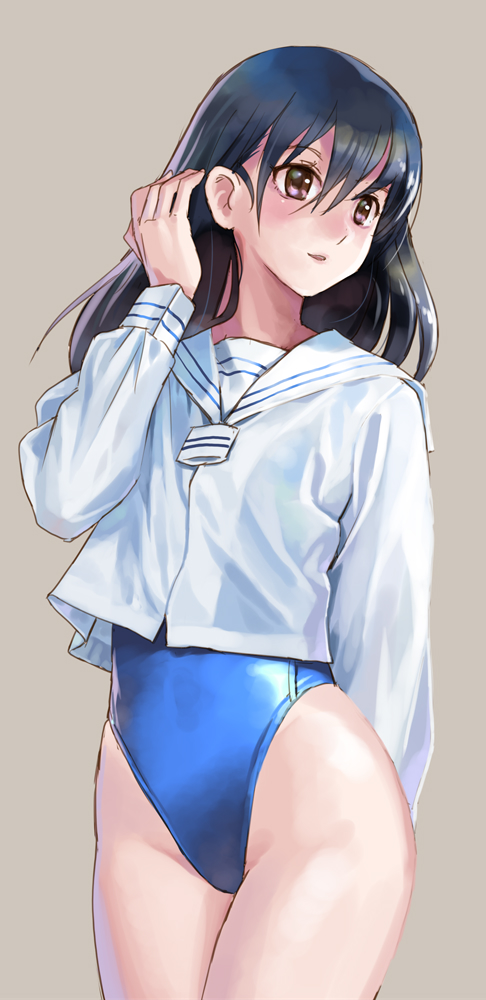 1girl black_hair blue_swimsuit brown_eyes competition_swimsuit cowboy_shot grey_background katahira_masashi looking_to_the_side medium_hair one-piece_swimsuit original sailor_collar sailor_shirt school_uniform serafuku shirt simple_background solo standing swimsuit swimsuit_under_clothes white_sailor_collar white_shirt