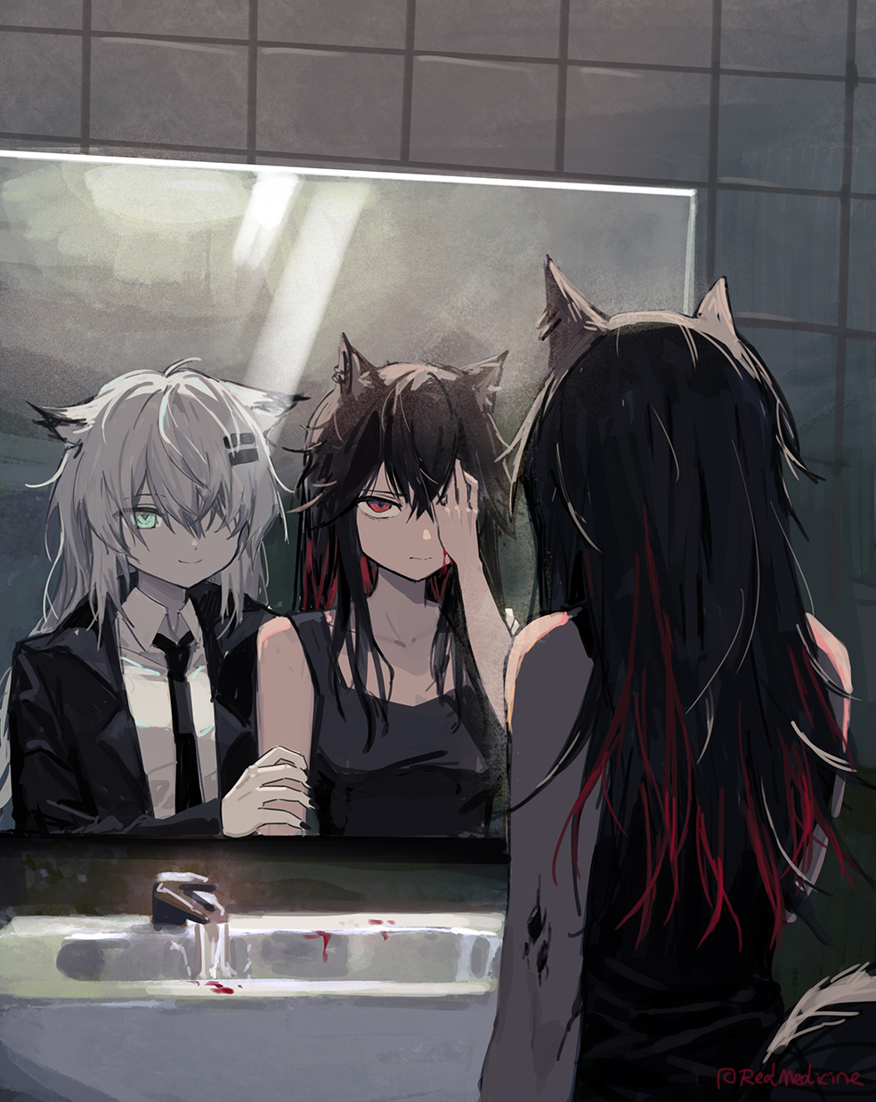2girls animal_ears arknights bathroom black_hair black_tank_top blood formal hair_ornament hair_over_one_eye hairclip highres holding_another's_arm lappland_(arknights) long_hair mirror multiple_girls nail_polish necktie oripathy_lesion_(arknights) red_(girllove) suit tail tank_top texas_(arknights) white_hair wolf_ears wolf_girl
