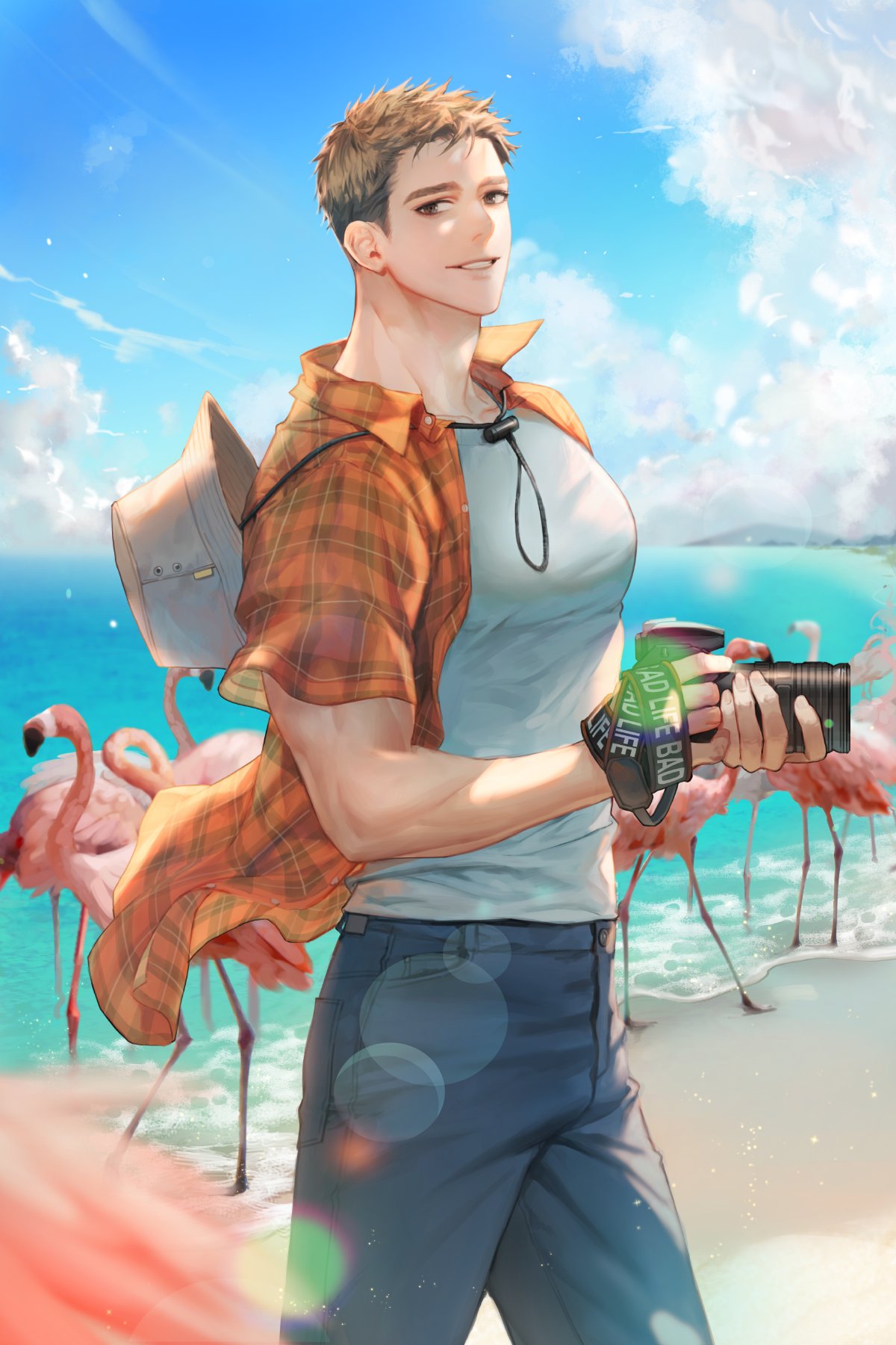 1boy animal bara bird black_hair blue_pants camera cloud day flamingo hat hat_around_neck hat_on_back highres holding holding_camera large_pectorals looking_at_viewer male_focus muscular muscular_male open_clothes open_shirt orange_shirt original outdoors pants pectorals plaid plaid_shirt shirt short_hair sky smile solo ssong-ga t-shirt teeth