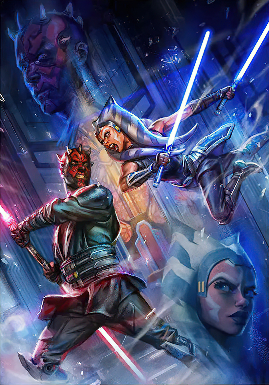 2022 action_pose ahsoka_tano alien alien_humanoid angry battle bigmac996 black_body black_skin broken_glass clothing darth_maul dathomirian detailed_background duo eye_contact female glass hi_res horn humanoid lightsaber looking_at_another male melee_weapon not_furry open_mouth orange_body orange_skin pose red_body red_skin star_wars teeth togruta weapon zabrak