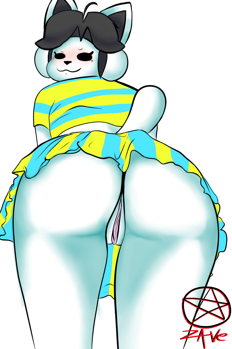 anthro blush bottomwear canid canine clitoris clothed clothing felid feline female flashing genitals grey_hair hair hi_res mammal no_underwear rear_view skirt solo tem temmie_(undertale) thick_thighs topwear undertale undertale_(series) video_games white_body wide_hips zave's_creepshow_(artist)