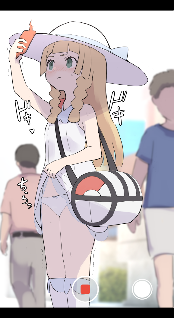 1girl 2boys arm_up bag bangs blonde_hair blunt_bangs braid clothes_lift collared_dress commentary_request day dress dress_lift duffel_bag exhibitionism green_eyes hat holding holding_phone kneehighs lifted_by_self lillie_(pokemon) long_hair multiple_boys outdoors panties phone poke_ball_theme pokemon pokemon_(game) pokemon_sm public_indecency rotom rotom_phone samidareura selfie sleeveless sleeveless_dress sun_hat sundress trembling twin_braids underwear white_dress white_headwear white_legwear white_panties