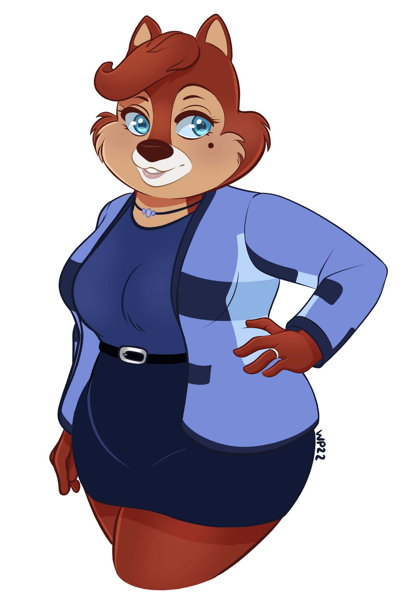 anthro beauty_mark belt blue_eyes bottomwear breasts brown_body brown_fur catsmeow chip's_mom_(disney) chip_'n_dale_rescue_rangers chipmunk choker clothed clothing curvy_figure disney eyelashes female fully_clothed fur ground_squirrel hand_on_hip hi_res jewelry mammal mature_female necklace rodent sciurid shirt simple_background skirt smile solo topwear voluptuous white_background wide_hips