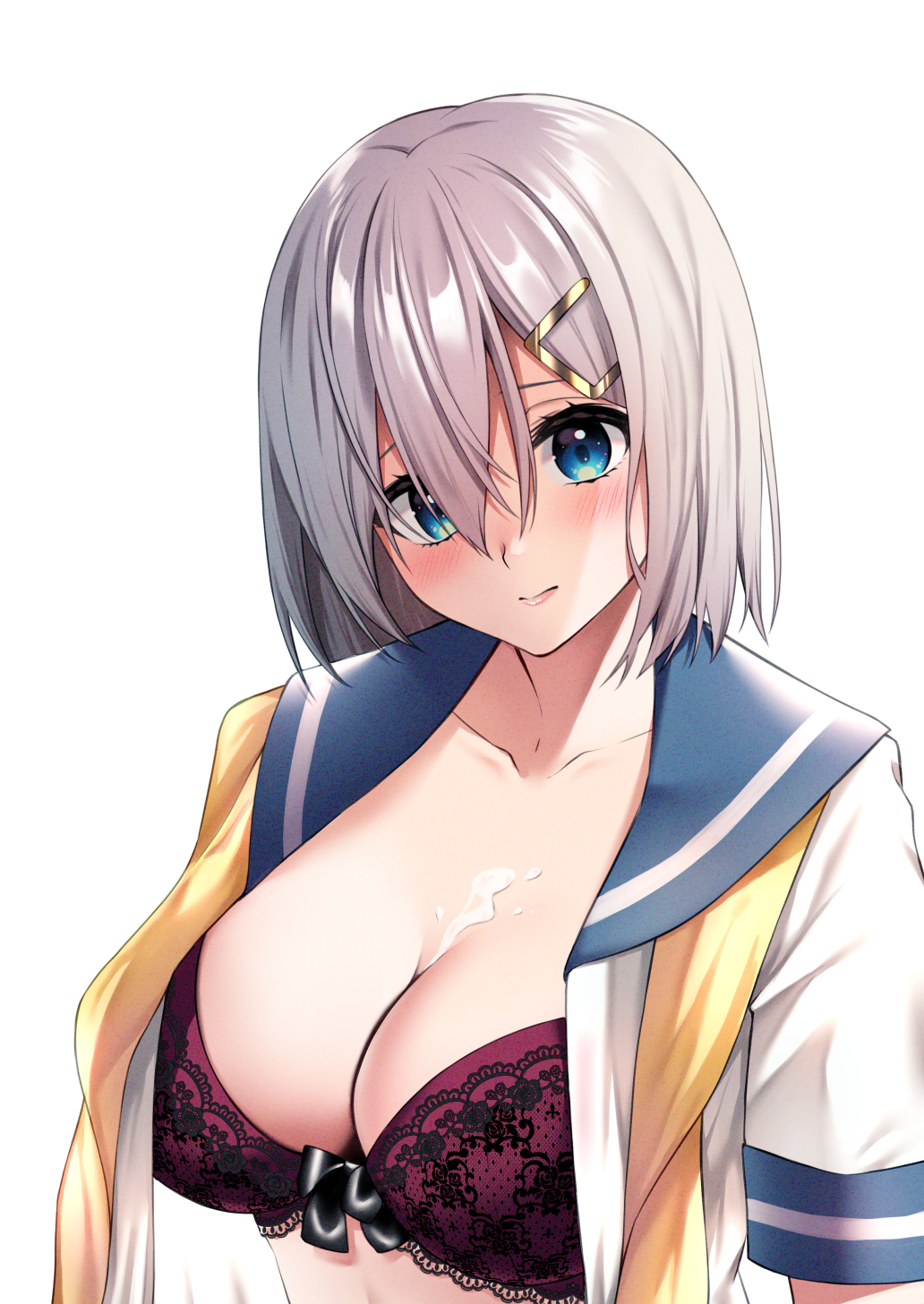 1girl bangs blue_eyes blue_sailor_collar blush bra breasts closed_mouth grey_hair hair_between_eyes hair_ornament hairclip hamakaze_(kancolle) highres kantai_collection lace-trimmed_bra lace_trim large_breasts looking_at_viewer mimamui neckerchief open_clothes purple_bra sailor_collar school_uniform serafuku short_hair simple_background solo suggestive_fluid underwear undone_neckerchief upper_body white_background yellow_neckerchief