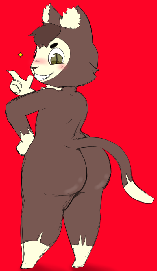 anthro big_butt butt domestic_cat felid feline felis hand_on_hip heterochromia humanoid kralex kralex_(artist) male mammal pose raised_tail rear_view smile smug thick_thighs undnift