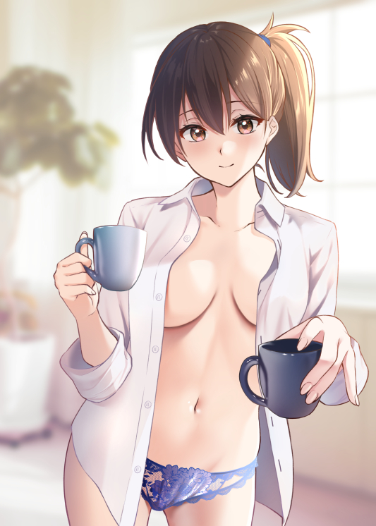 1girl bangs blue_panties blush breasts brown_eyes brown_hair buttons closed_mouth collarbone collared_shirt cover cowboy_shot cup eyebrows_visible_through_hair fingernails hair_between_eyes holding holding_cup kaga_(kancolle) kantai_collection lace lace_panties large_breasts lingerie long_hair long_sleeves looking_at_viewer mimamui mug navel open_clothes open_shirt panties shirt side_ponytail smile solo underwear white_shirt