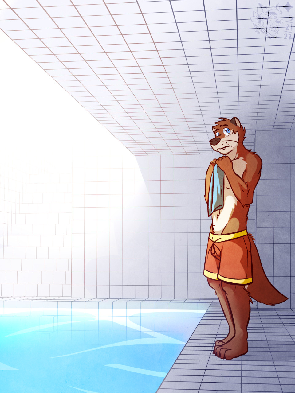 clothing fangs hi_res light liminal_spaces lutrine male mammal mustelid pool_(disambiguation) shirtless solo sunlight swimwear ventkazemaru water whiskers