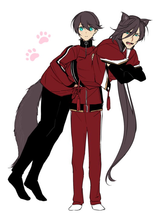 2boys animal_ears aqua_eyes bangs black_hair black_legwear black_pants blue_eyes carrying cat_ears cat_tail closed_mouth crossed_arms dangling detached_sleeves fox_ears fox_tail full_body hair_between_eyes hanadi_(hndboo) hand_up height_difference horikawa_kunihiro izumi-no-kami_kanesada jacket long_hair long_sleeves looking_at_viewer male_focus multiple_boys no_shoes open_mouth pants paw_print red_jacket red_pants sash short_hair simple_background smile socks standing swept_bangs tail tassel tasuki touken_ranbu very_long_hair white_background white_legwear