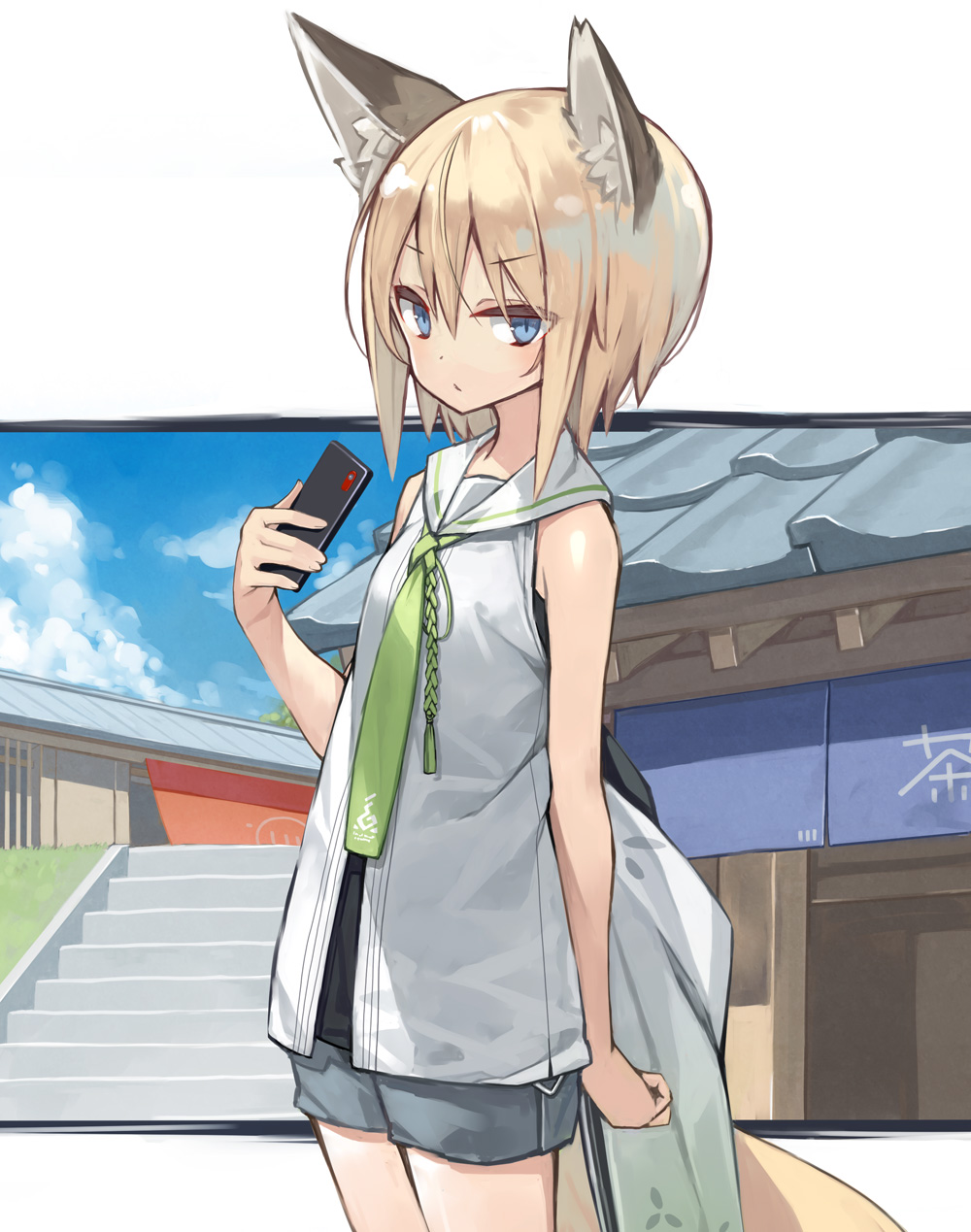 1girl animal_ear_fluff animal_ears bangs bare_arms bare_shoulders blonde_hair blue_eyes blue_sky blush breasts cellphone closed_mouth cloud commentary_request day dress eyebrows_visible_through_hair grey_shorts hair_between_eyes hand_up highres holding holding_phone original phone poco_(asahi_age) sailor_collar sailor_dress short_shorts shorts sky sleeveless sleeveless_dress small_breasts solo stairs stone_stairs tail v-shaped_eyebrows white_dress white_sailor_collar