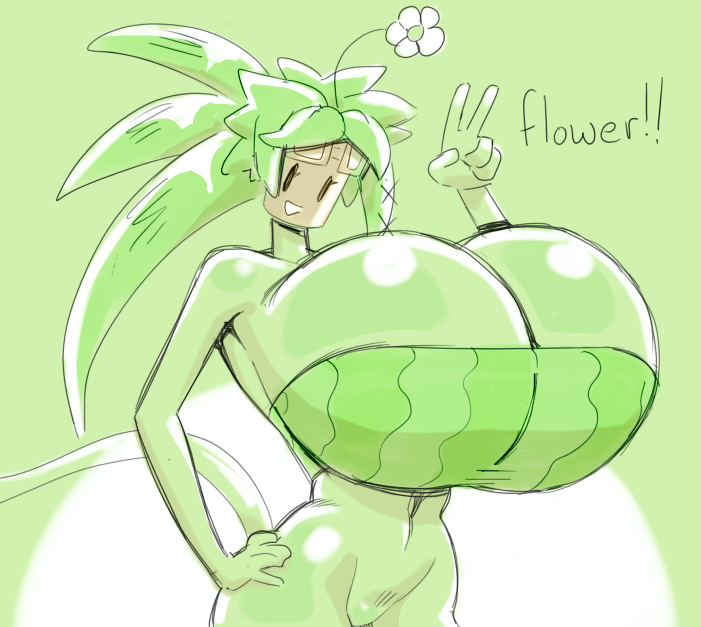 angstrom big_breasts blaster_master bottomless breasts clothed clothing crop_top elemental_creature elemental_humanoid english_text exclamation_point female flora_fauna flower for_a_head gesture green_body hand_on_hip huge_breasts humanoid kanna_(blaster_master) looking_at_viewer object_head plant plant_humanoid shirt smile solo text topwear v_sign video_games