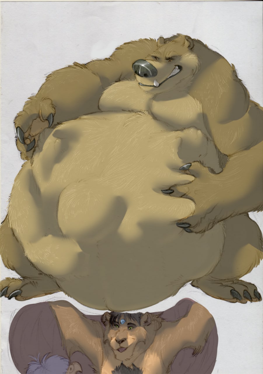 anthro belly big_belly brown_body brown_fur fur hauoli47 hi_res male mammal same_size_vore ursid vore