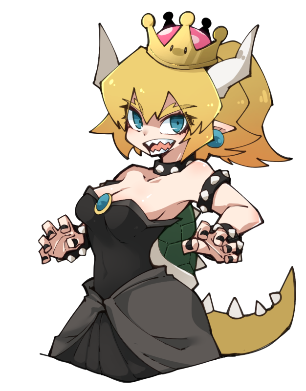 2019 5_fingers alternate_species animal_humanoid blonde_hair blue_eyes bowser bowsette_meme breasts cleavage clothed clothing colored_nails crossgender crown ear_piercing ear_ring female fingers hair horn horned_humanoid humanoid humanoid_pointy_ears humanoidized kasui_jirou light_body light_skin long_hair mario_bros meme nails nintendo open_mouth piercing scalie scalie_humanoid shell solo spikes spikes_(anatomy) super_crown teeth video_games