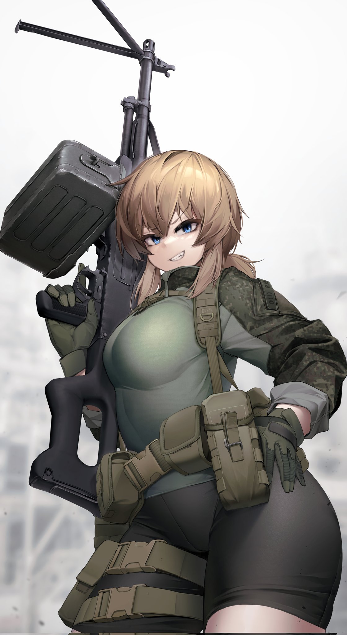 1girl bike_shorts blonde_hair blue_eyes gloves gun highres holding holding_gun holding_weapon holster jacket ka941 machine_gun original pkp_pecheneg ponytail shorts solo thigh_holster trigger_discipline vesna_(dutchko) weapon